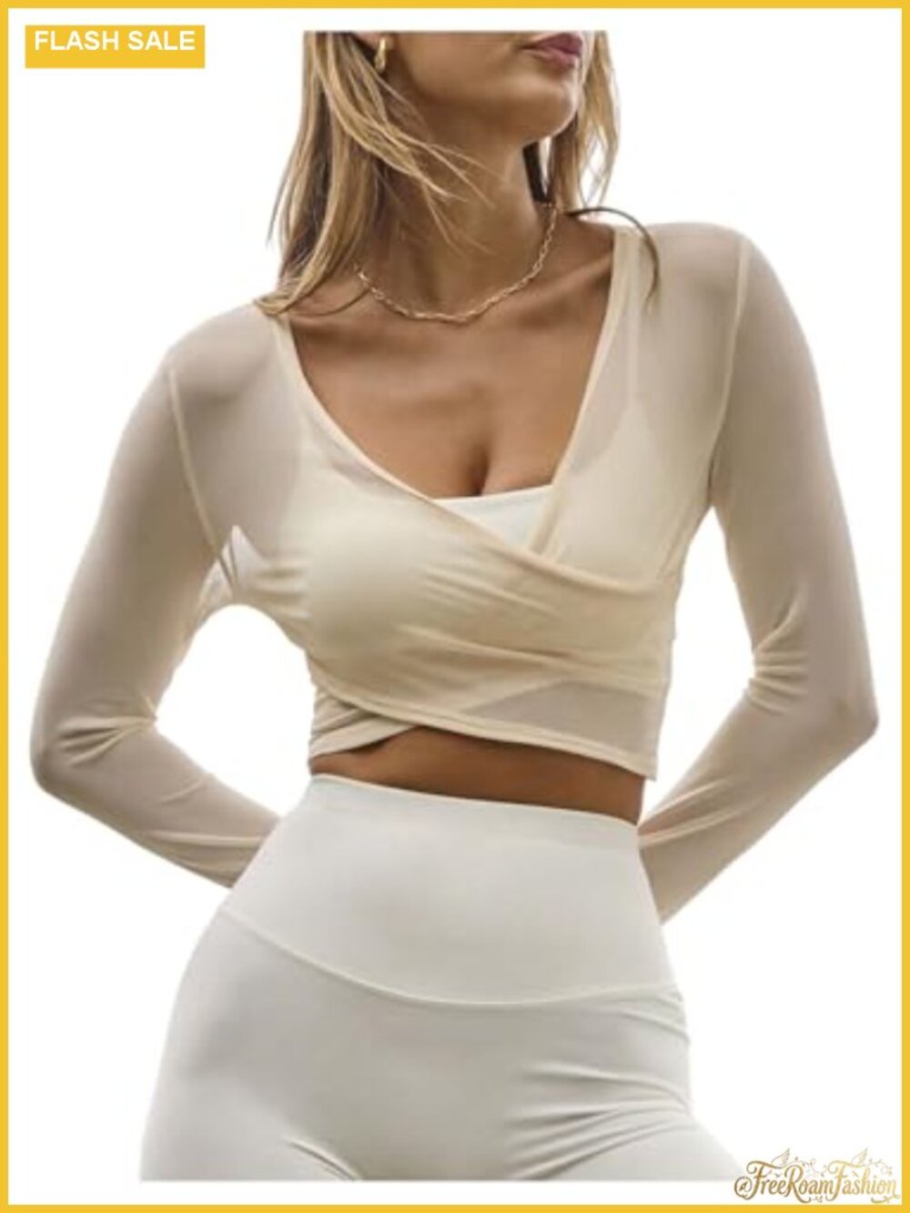 Polyester Semi-Sheer Wrap Crop Top Long Sleeve Yoga Pilates Thumb Hole